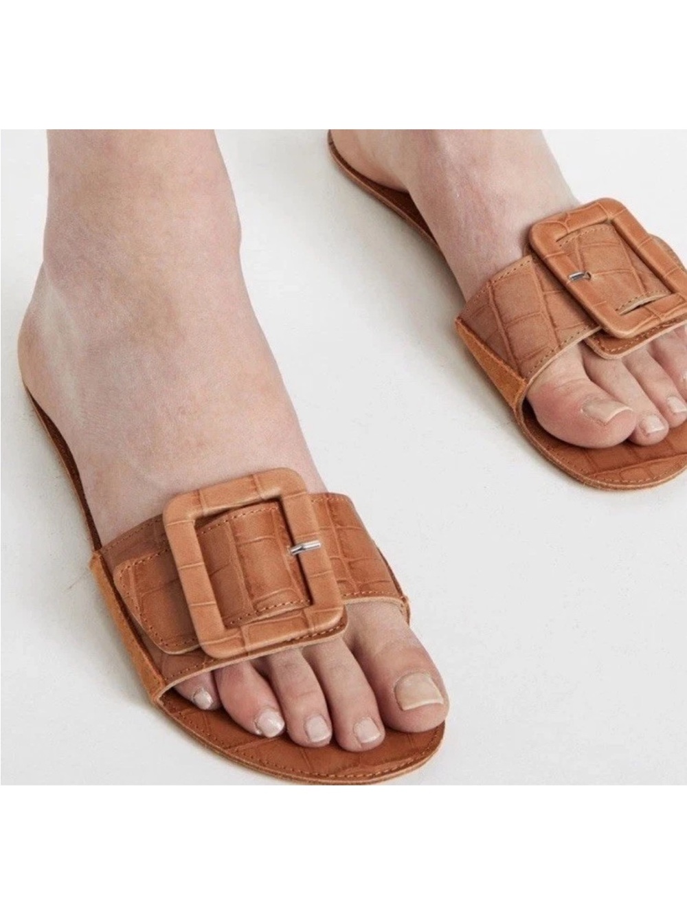 Definery Tan slides Made in Italy Croc embossed leather sandals Camel Brown 5